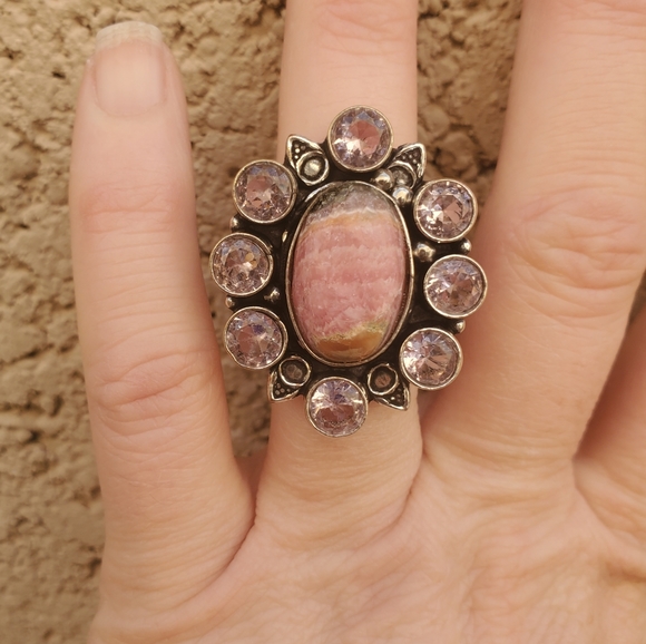 New Oversized Rhodochrosite & Kunzite 925 Silver Statement Ring. - Picture 12 of 14